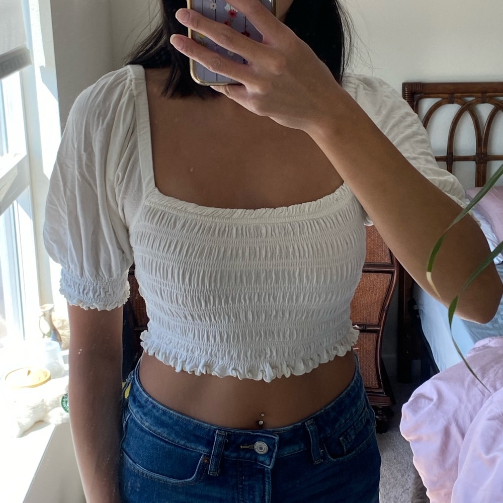 White Smocked Puff Sleeves Top